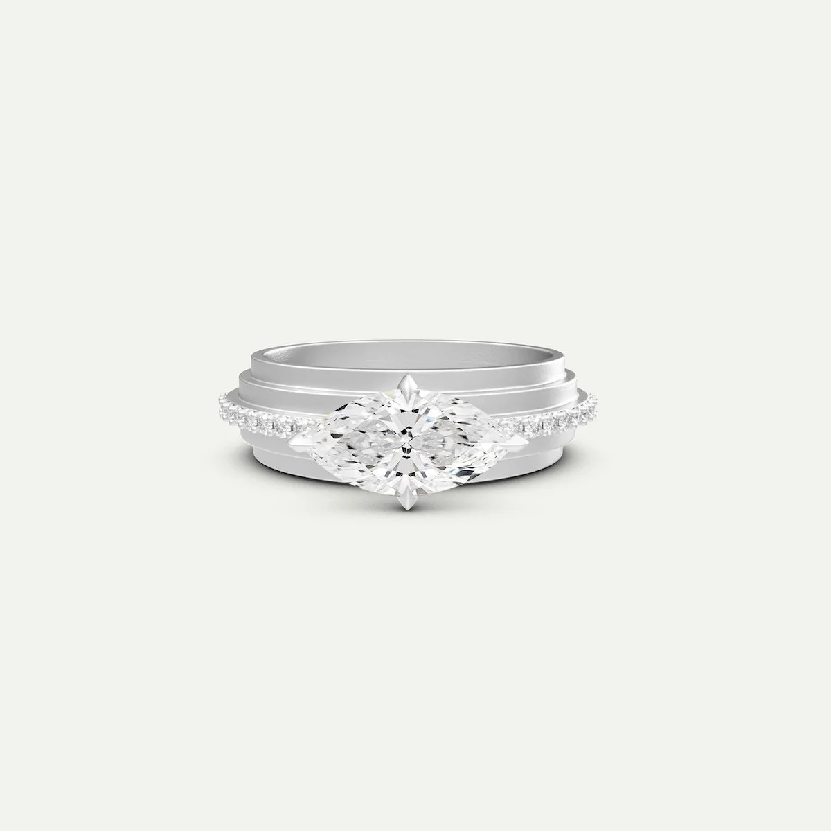 chunky modern engagement ring Zana in platinum with marquise-cut white diamonds and melee diamond pave from EDXU bespoke jewellery London