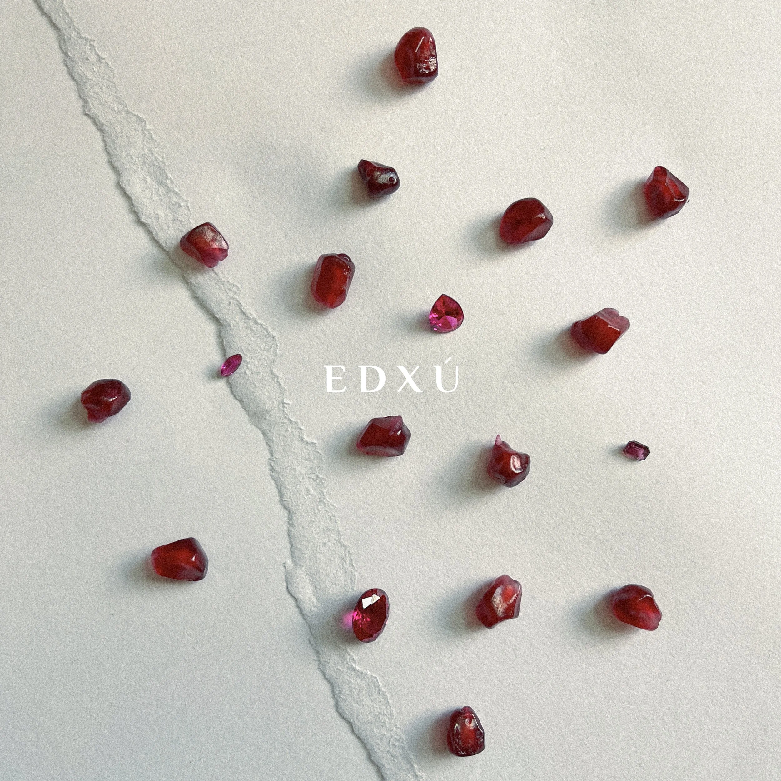 rubies and pomegranate seeds on top of ripped white paper EDXU London campaign