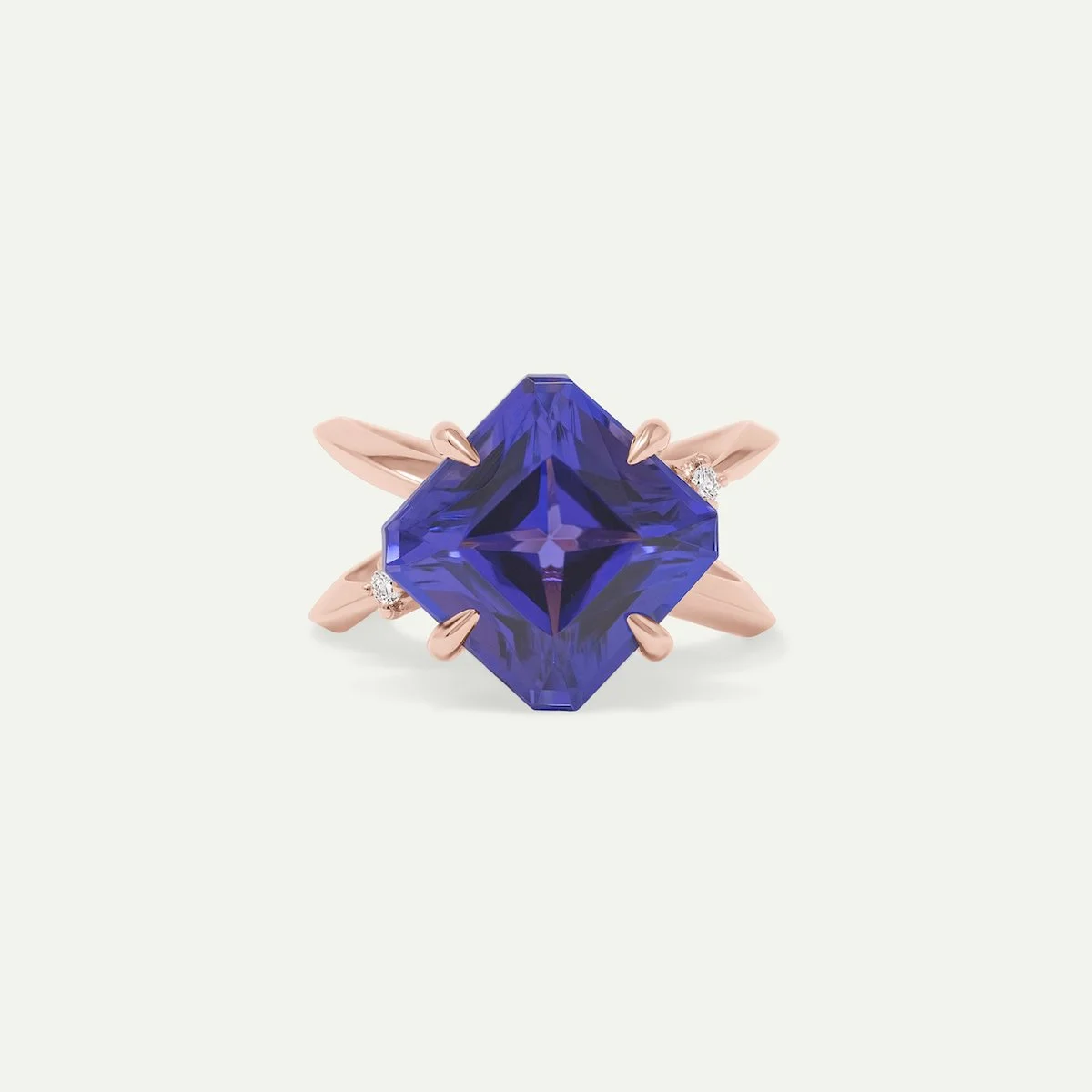 18k rose gold with 6.05ct asscher-cut tanzanite with 2 round brilliant-cut white diamonds EDXU London Bespoke Ring