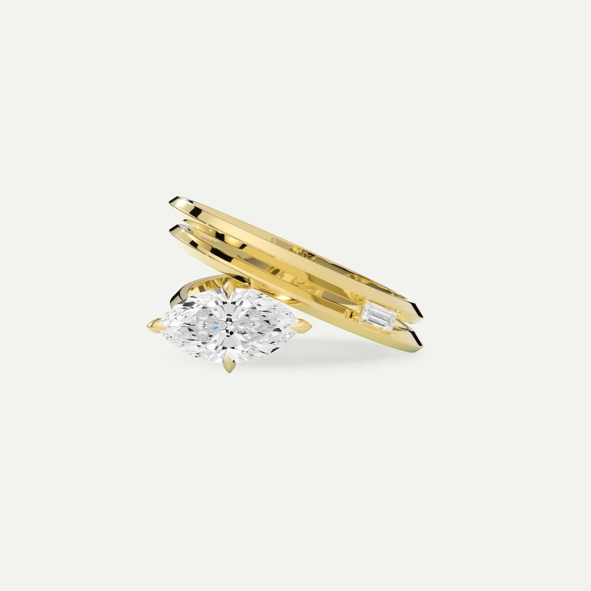 Alternative engagement ring Zyana in 18ct yellow gold with marquise-cut and baguette-cut white diamonds from EDXU bespoke jeweller London