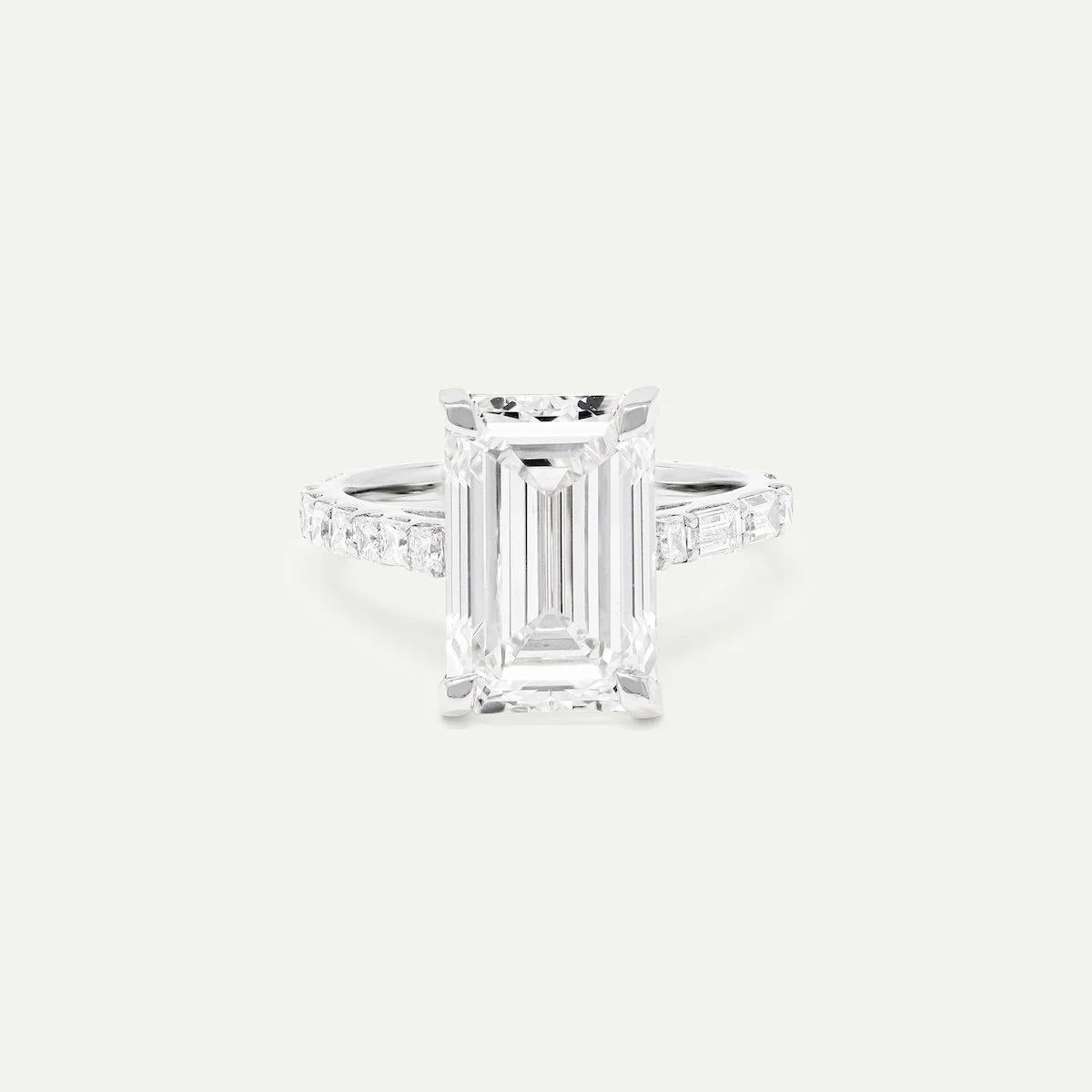 Custom modern engagement ring in platinum with 5.52ct emerald-cut, 0.37ct princess-cut and 0.65ct baguette-cut white diamonds modern morse code secret message engagement ring from EDXU London bespoke jewellery