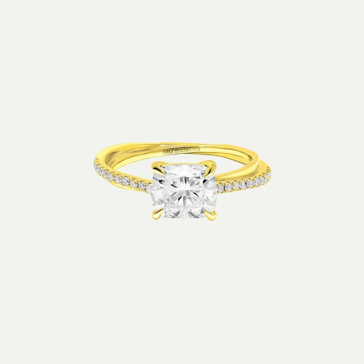 Modern engagement ring Aelia in 18ct yellow gold with cushion-cut white diamodn and melee round diamond pave from EDXU London bespoke jeweller