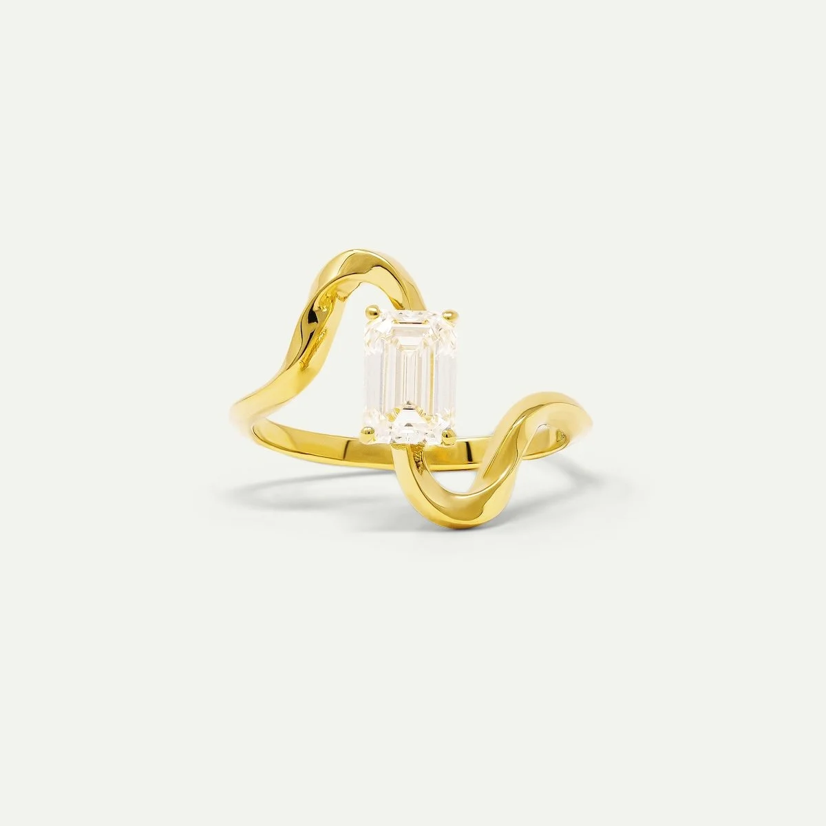 EDXU London bespoke alternative engagement ring - Jalenie Ring in 18k yellow gold with 1.04ct emerald cut white diamond in architectural style
