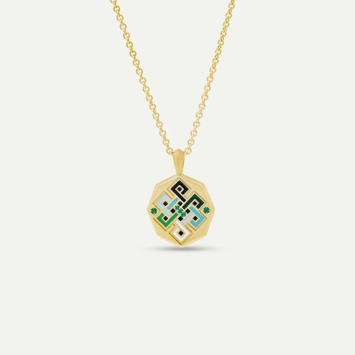 Bono custom modern necklace in 18ct yellow matte gold with enamel and round brilliant-cut green emerald from EDXU bespoke jeweller London