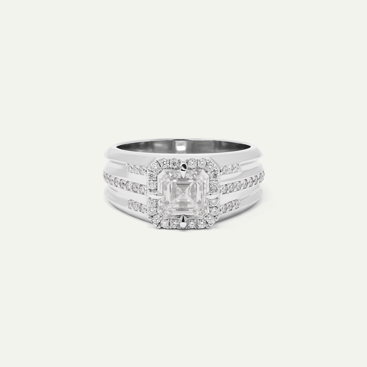 Art-deco bespoke jewellery of platinum ring with white diamond with small diamonds pave from EDXU Bespoke Jeweller London