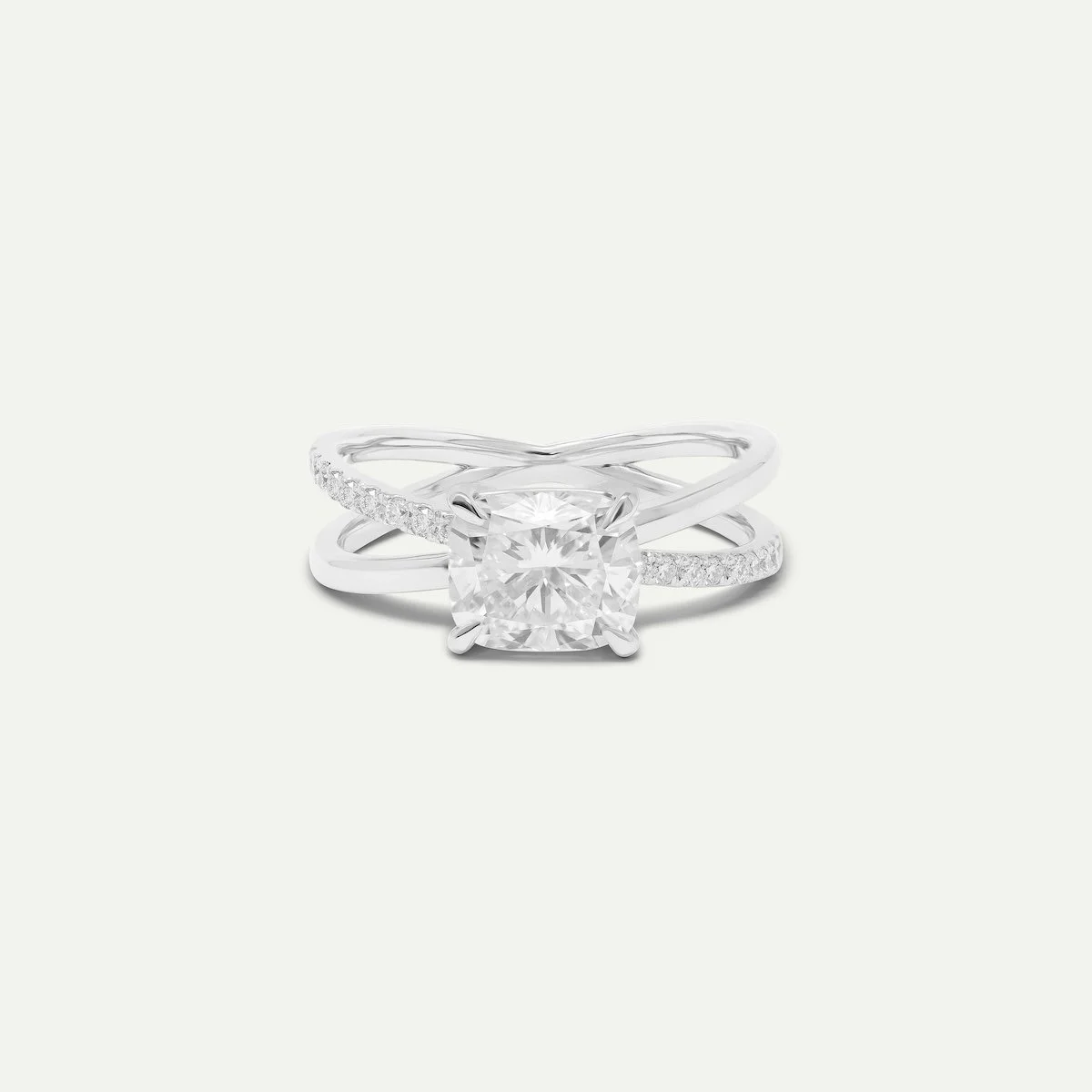 EDXU bespoke engagement ring in platinum with 1.73ct cushion cut white diamond and pave