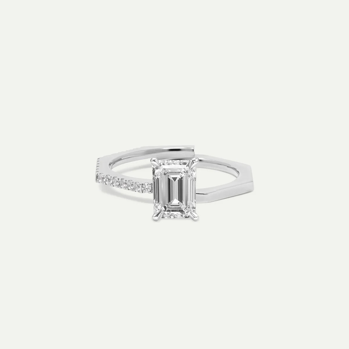 Bespoke engagement ring in platinum art-deco geometric ring with emerald-cut and round brilliant-cut white diamonds from EDXU bespoke jewellery London