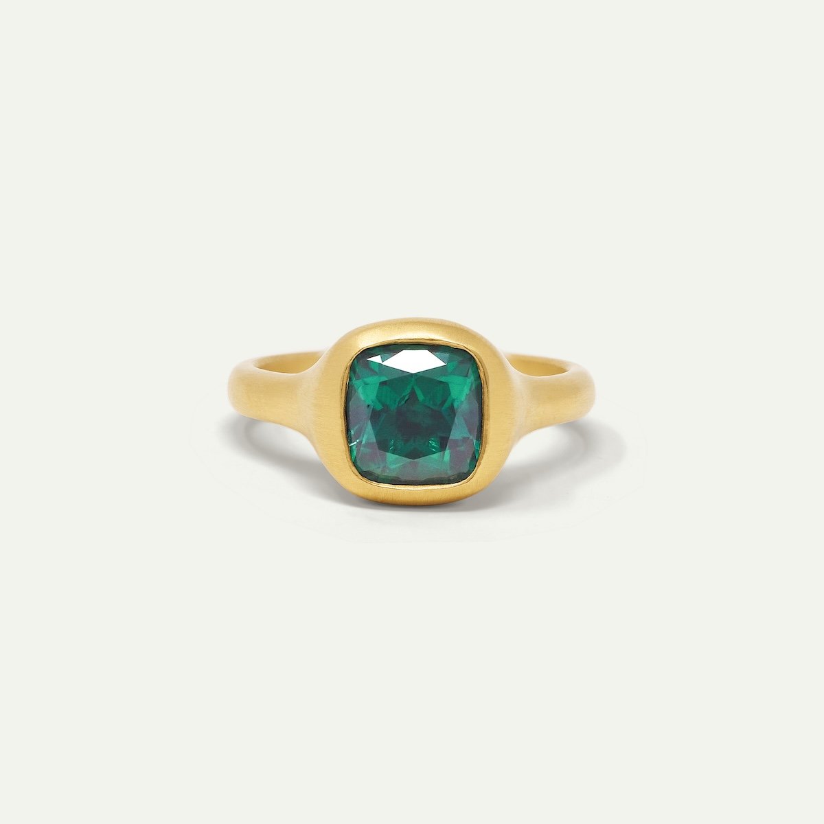 Design engagement ring in 18ct matte yellow gold with cushion-cut emerald from EDXU bespoke jewellery London