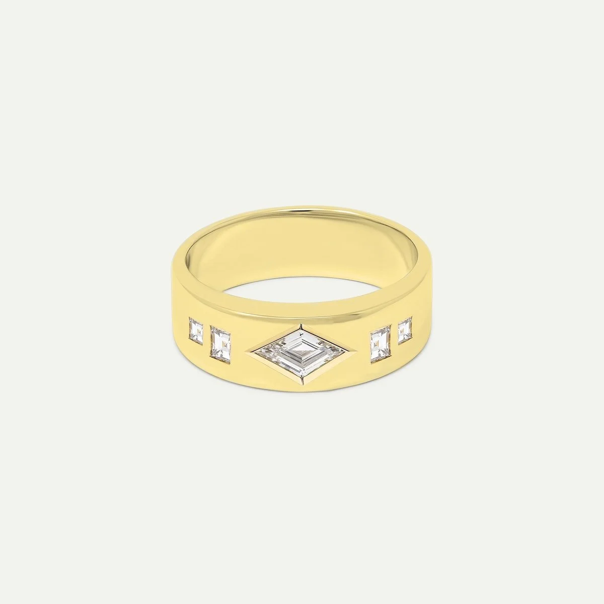 Bespoke diamond ring Close up product photo of 18K Yellow Gold with 0.61ct Lozenge-cut white diamond and 0.28ct square emerald-cut white diamonds Kirola Ring EDXU custom jewellery London