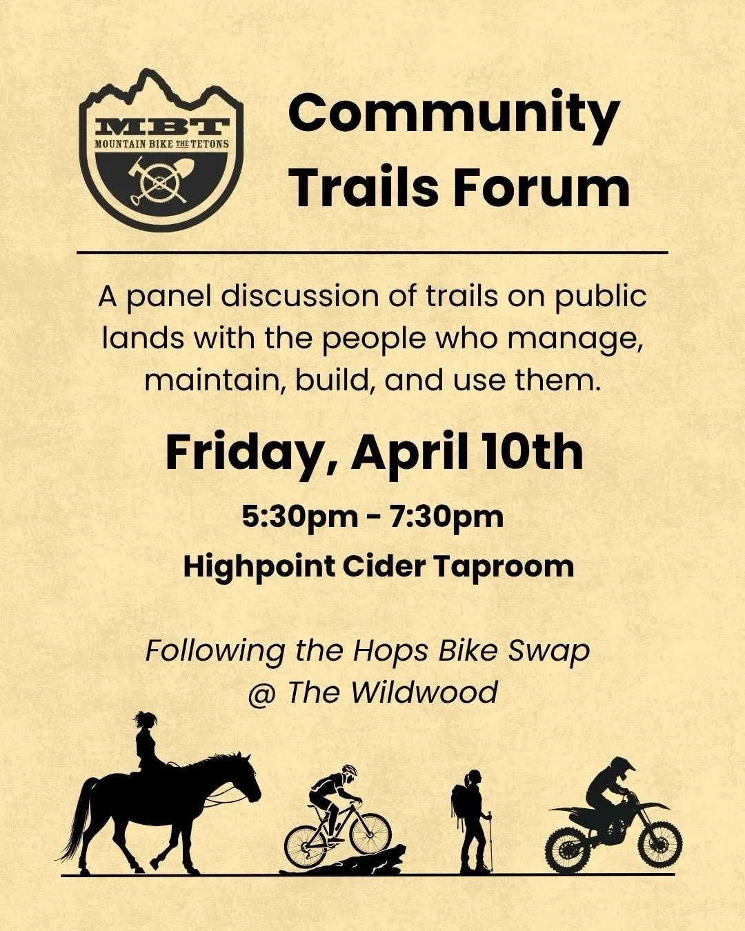 Our 2026 Community Trails Forum is coming up in less than two weeks! Come join MBT and other local trail organizations at @highpointcidertaproom to chat about all things trails in Teton Valley. 

Hear from the people who manage, maintain, and use our