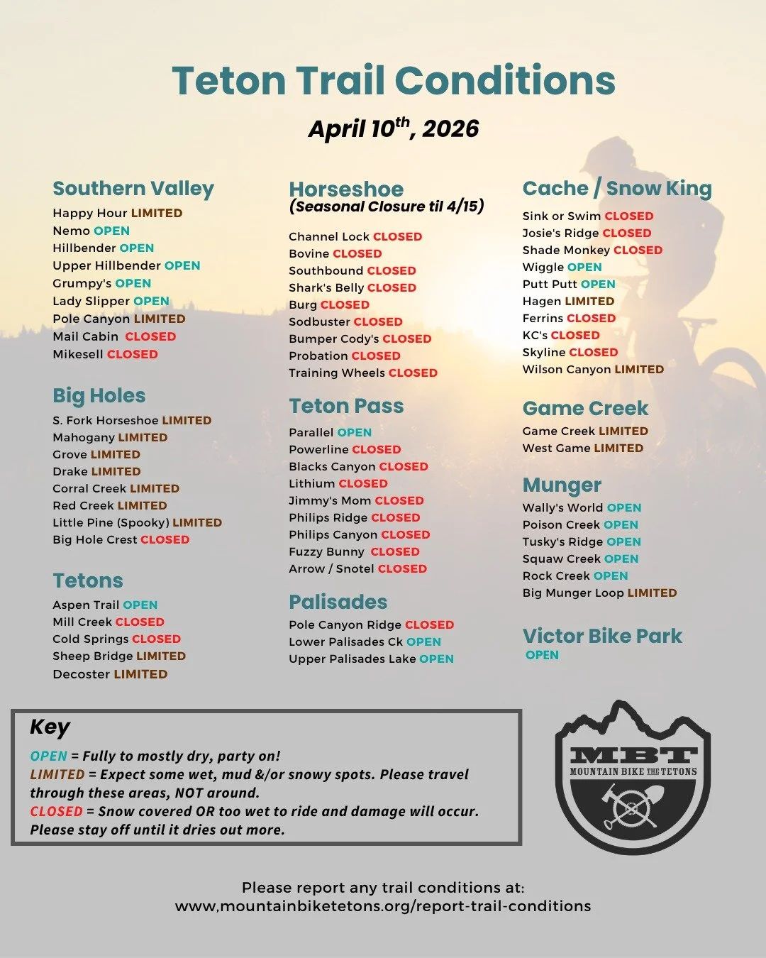 Trails in the Tetons are starting to open up and it&rsquo;s an exciting time to get back out there. Please ride and recreate with care.

Not all trails have been cleared of downfall yet, so use caution and be prepared for changing conditions.

If you