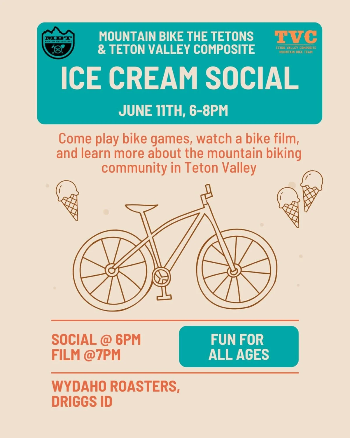 Join Mountain Bike the Tetons and Teton Valley Composite this Thursday at Wydaho for an ice cream social! We&rsquo;ll be playing bike games, showing a mountain bike film, and chatting all things bikes in the valley. 

Swing by to grab a treat and say