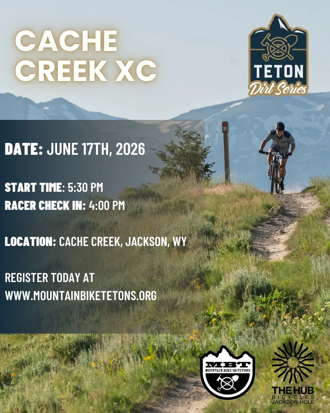 We're only one week away from the Teton Dirt Series race #2 of the 2026 season! Join us for the historic Cache Creek XC race, co-hosted by MBT and @thehub_jh With two new courses, there's a race for everyone! Snag your spot today. Find more details a