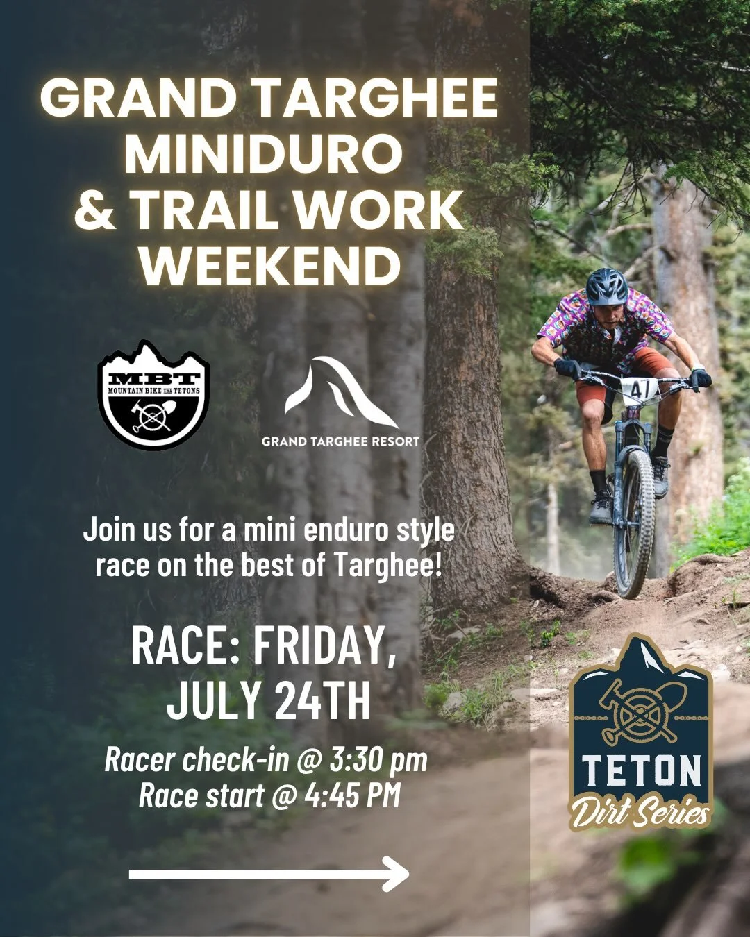 We&rsquo;re less than two weeks out from Teton Dirt Series race #4 of the 2026 season! Ride one day, dig the next. Come on out to the Grand Targhee Miniduro: three stages of Targhee&rsquo;s best lower mountain trails. 

We&rsquo;re super excited to h