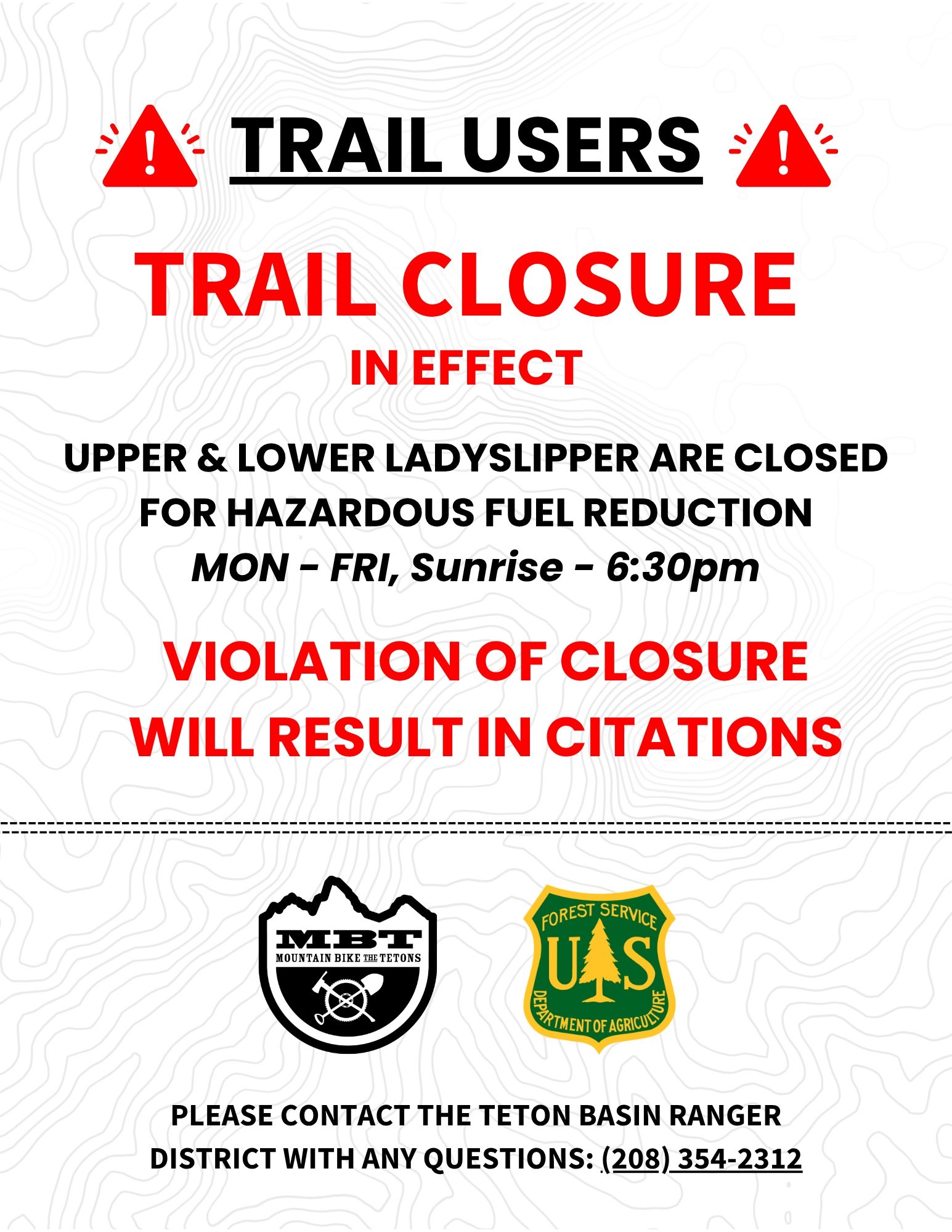 ❗ATTENTION ALL TRAIL USERS❗

There have been multiple violations of the Ladyslipper Trail closure, resulting in several close calls involving riders, hikers, motorized users, and project contractors.

Contractors are actively felling trees across the