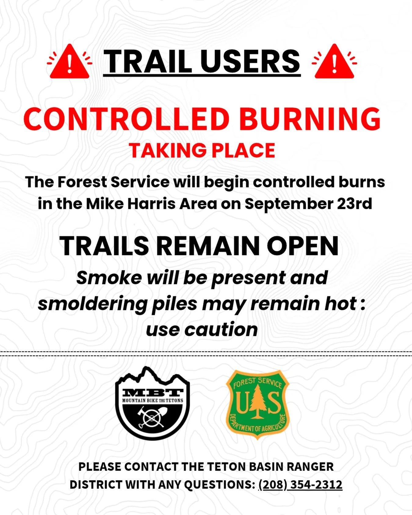 Attention trail users! Starting tomorrow, September 23rd, there will be controlled burns happening at Mike Harris. These burns will begin on the North side of the BPA road (Hillbender). 

Trails remain open, but you can expect some smoke and smolderi