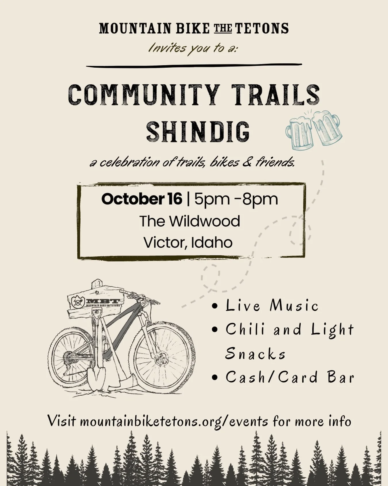We hope you&rsquo;ll all be able to join us for our second annual Community Trails Shindig, happening on October 16th from 5-8pm at @wildwood.music! This event is a time to come together and celebrate trails, bikes, and the wonderful community we&rsq