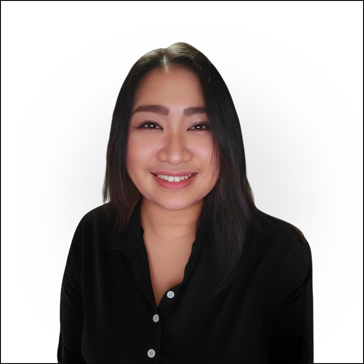 A woman with long dark hair smiling, wearing a black shirt, against a white background.