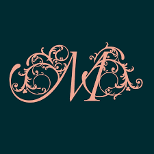 Elegant pink floral monogram with the letter 'M' on a dark teal background.