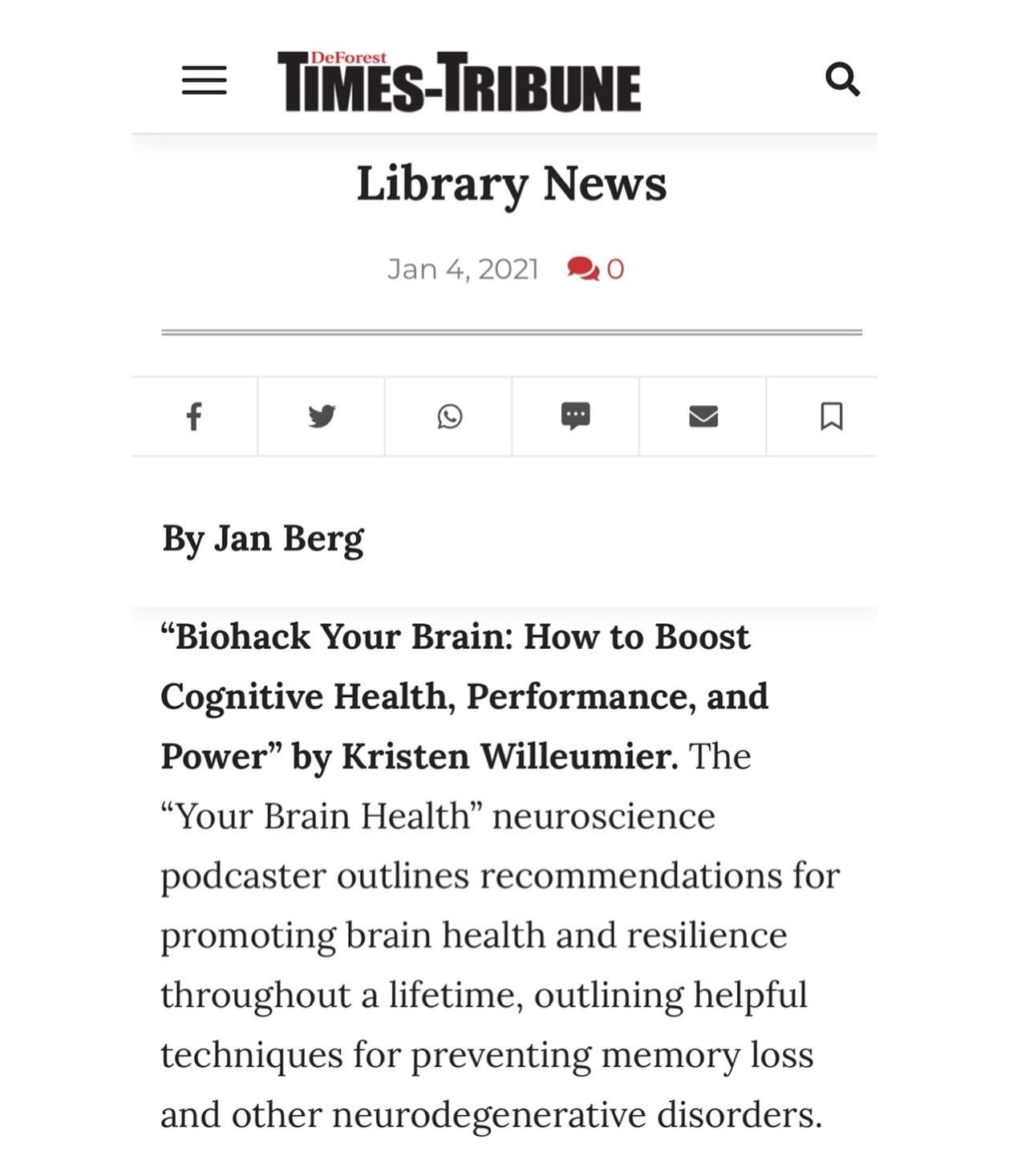 Thank you to the DeForest Times-Tribune and #JanBerg for adding Biohack Your Brain to the Library News list of new books to read in 2021! I&rsquo;m in quite good company on this list, so the support means a lot to me. You can find the link to the ful