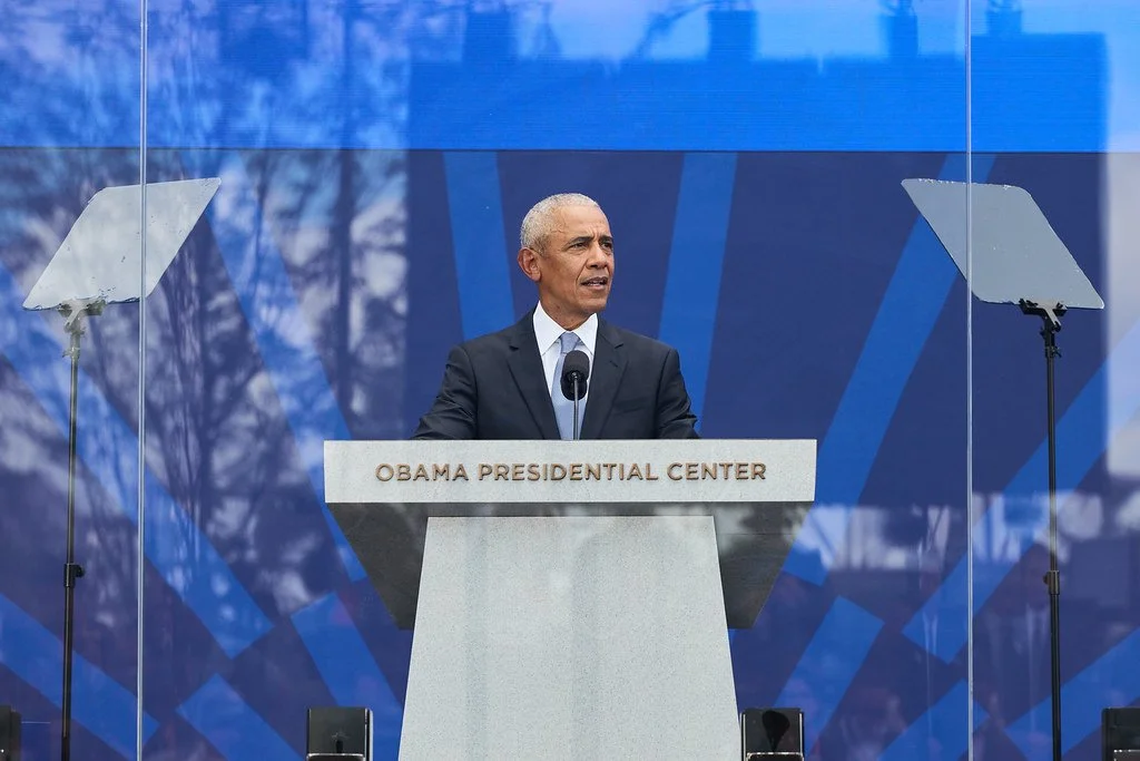President Obama addresses the crowd in Jackson Park.