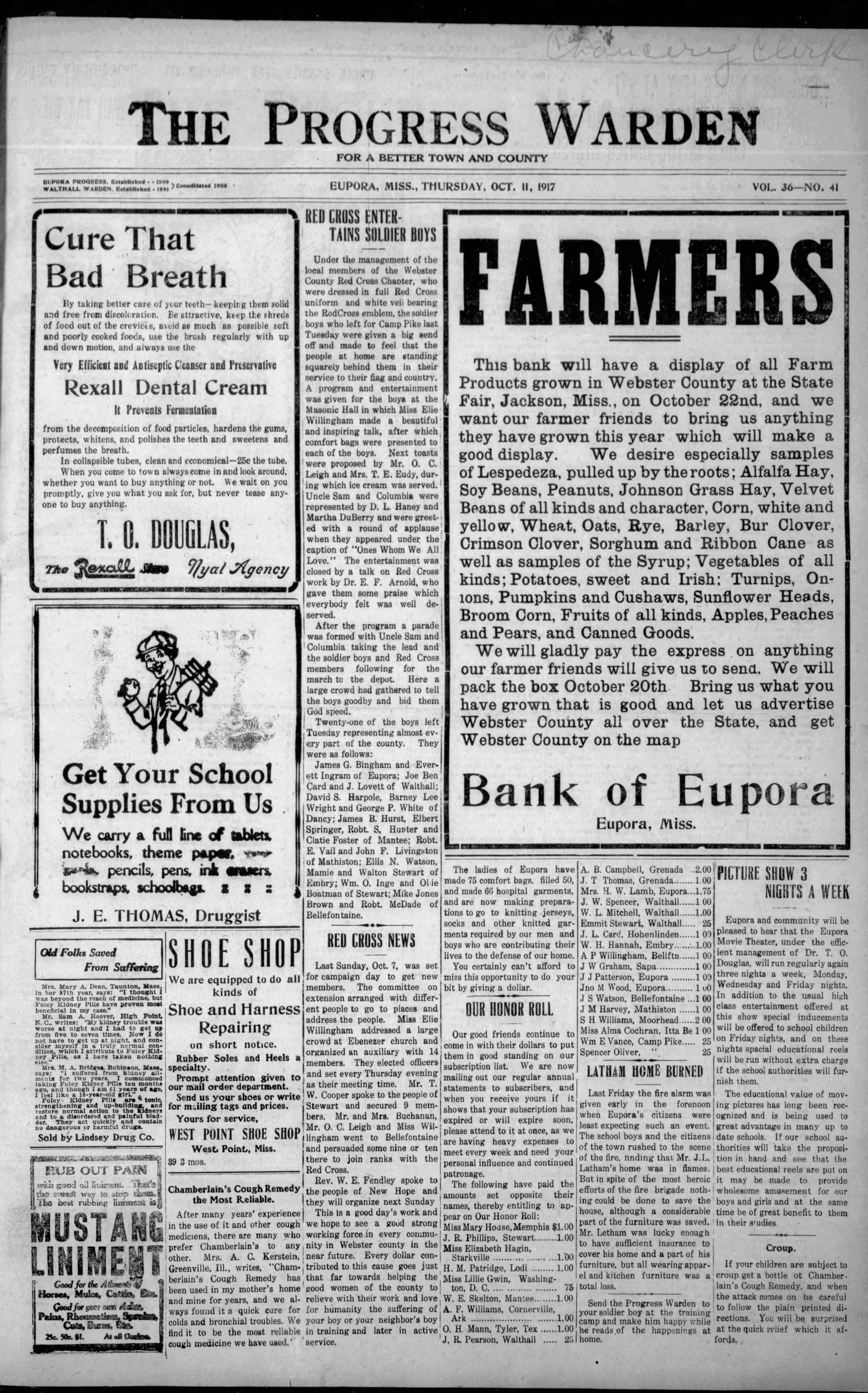 A newspaper from The Progress Warden in Webster County from October 11, 1917, five days after Fannie Lou was born. 