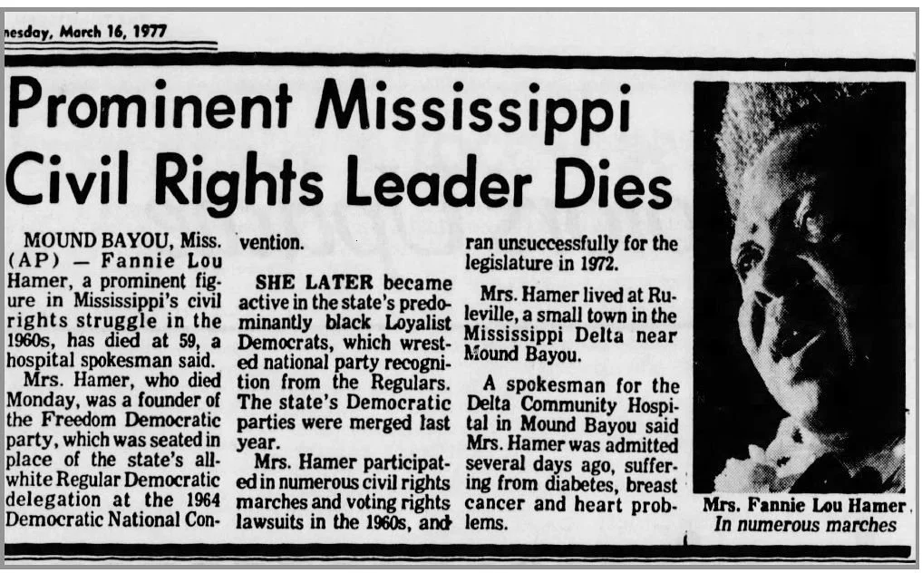 An article about Fannie Lou Hamer's death. 