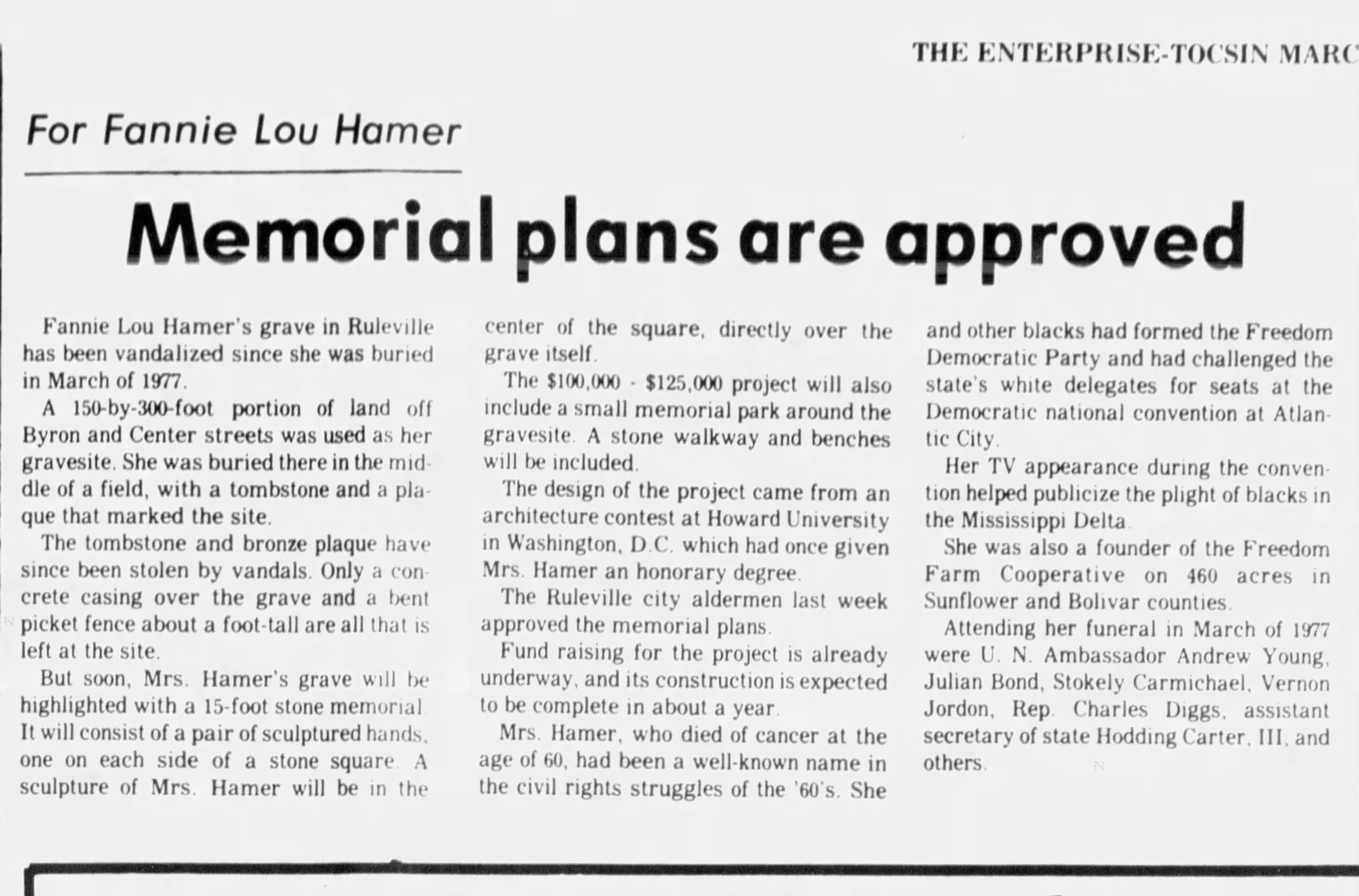 An article about Fannie Lou Hamer's initial tombstone and a bronze plaque being stolen. Plans were then made for a permanent burial place. 