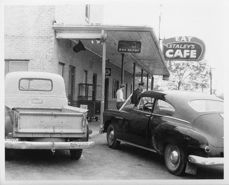 The exterior of the Bus Depot and Staley's Cafe in Winona in June 1963.