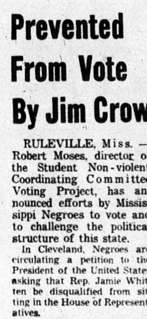 Article about the voter registration drive in Sunflower County in 1962.