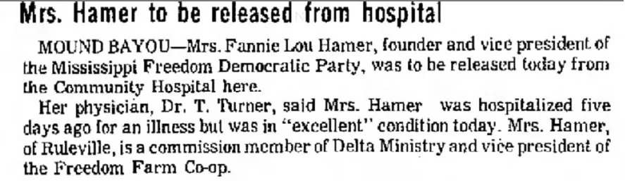An article about Fannie Lou Hamer being released from the hospital. 