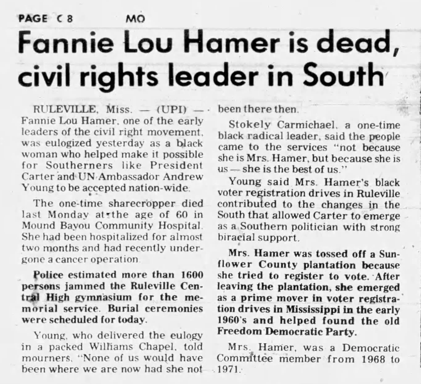 An article about Fannie Lou Hamer's death. 