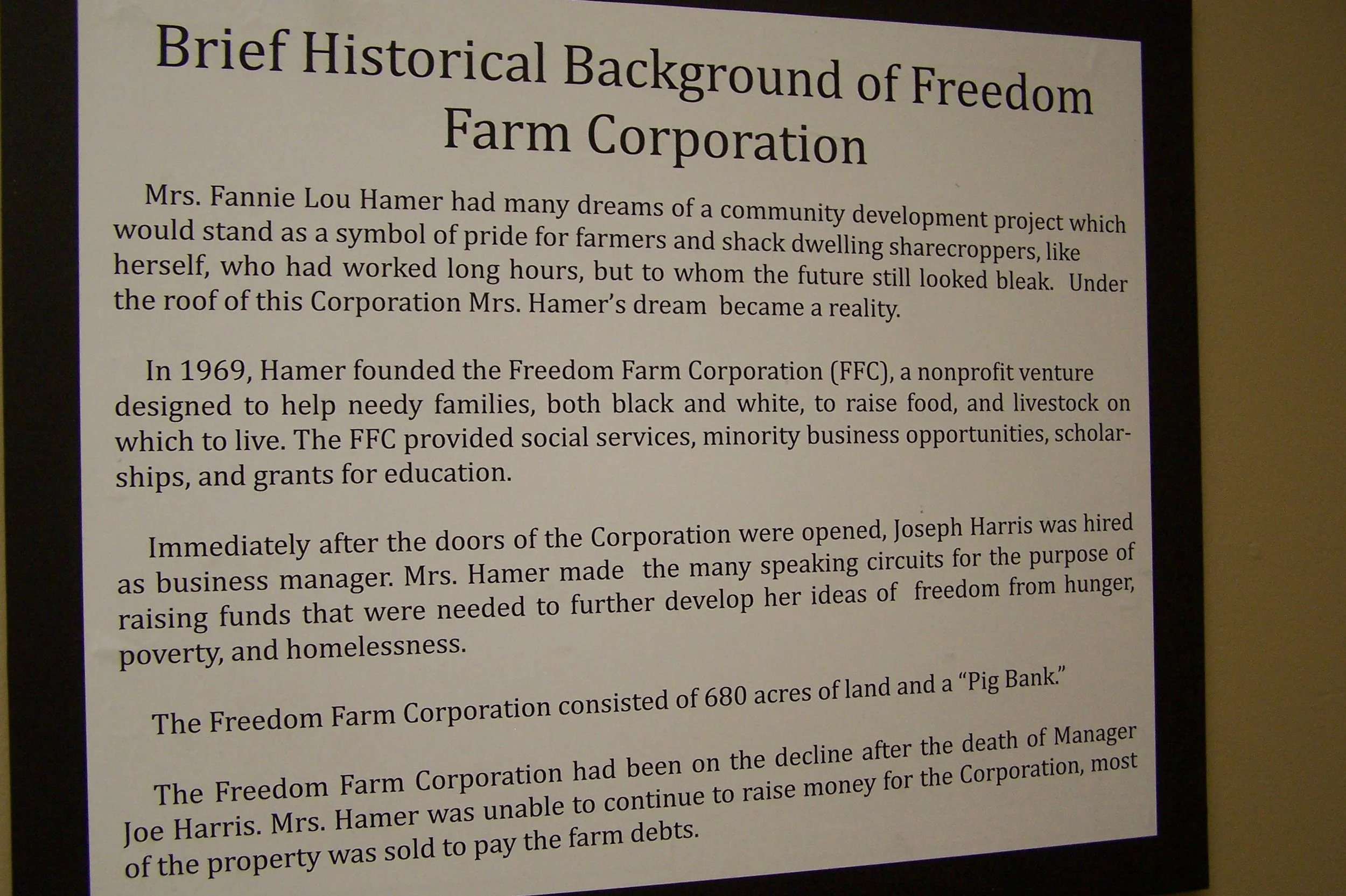 Freedom Farm description at the museum.
