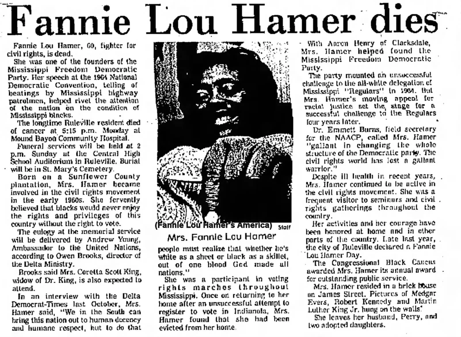 An article about Fannie Lou Hamer's death. 