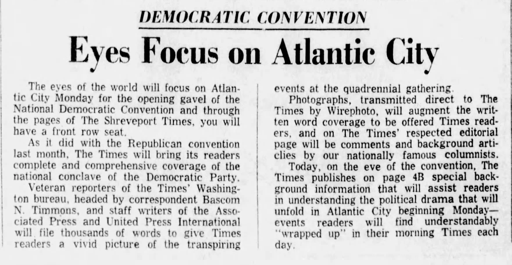 The headline from the Aug. 23, 1964 issue of The Times in Shreveport, Louisiana. 