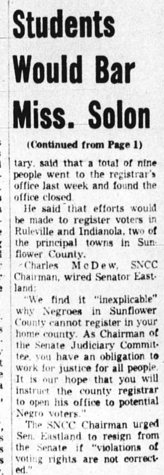 Article about the Sunflower County voter registration drive in 1962.