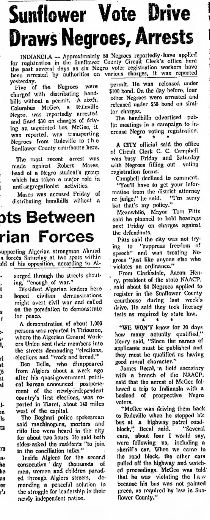Article about the voter registration drive and arrests in Sunflower County in 1962.