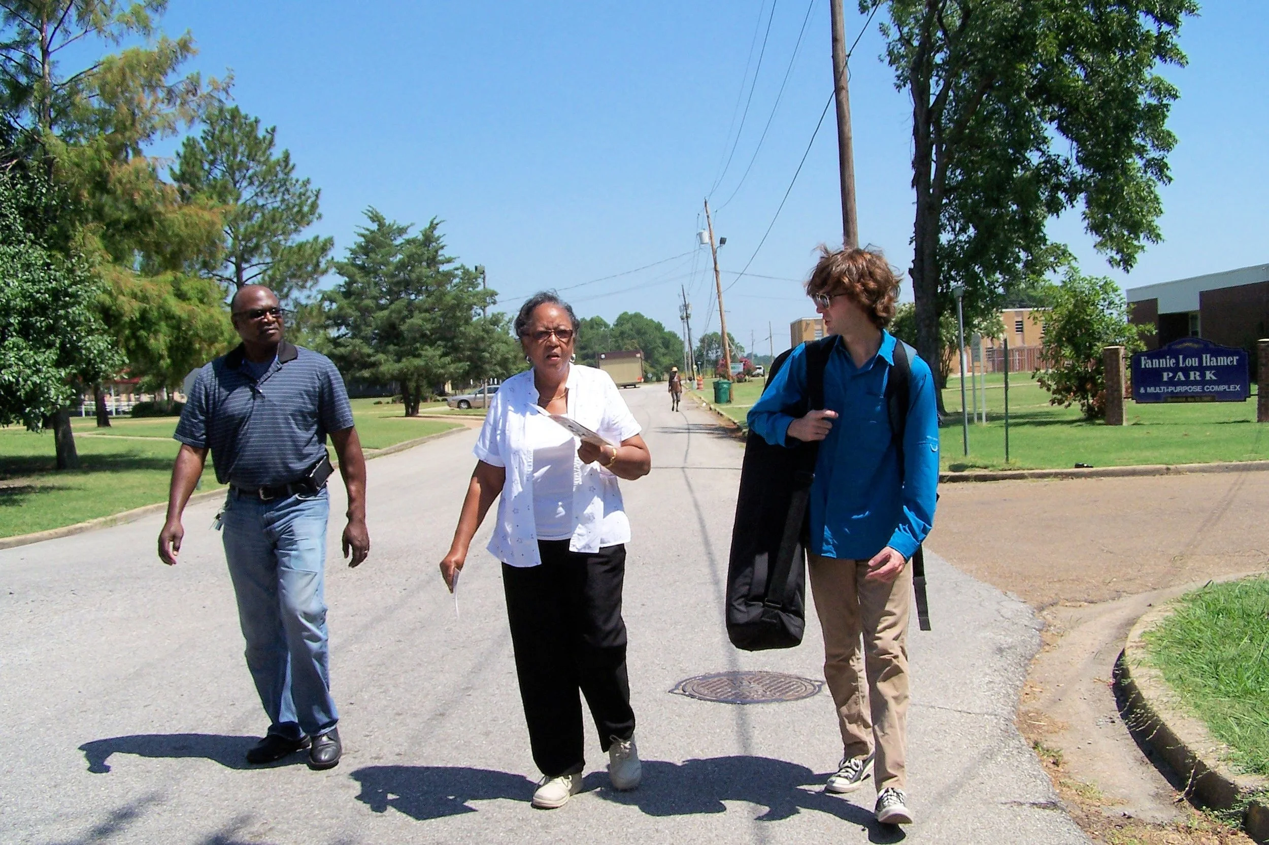 The late Hattie Jordan, who was instrumental in the construction of the Fannie Lou Hamer Museum Complex, walks our film crew down the street to Hamer's 626 address during the production of our film, Fannie Lou Hamer's America. 