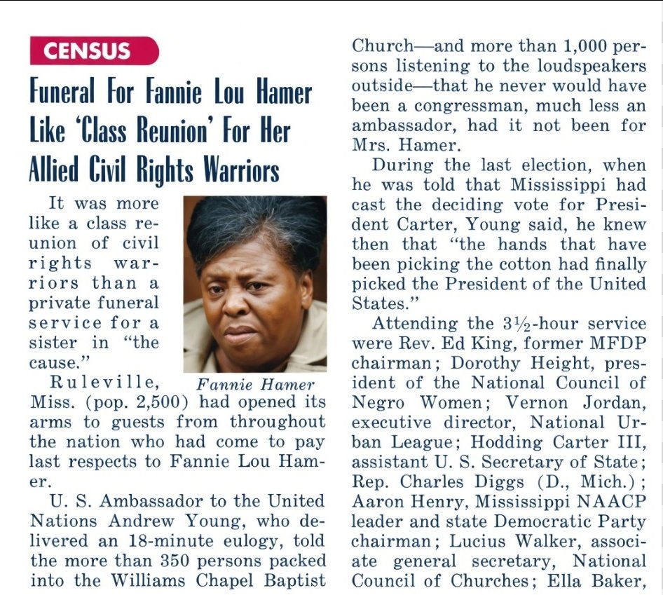 An article about Fannie Lou Hamer's death in JET Magazine. 