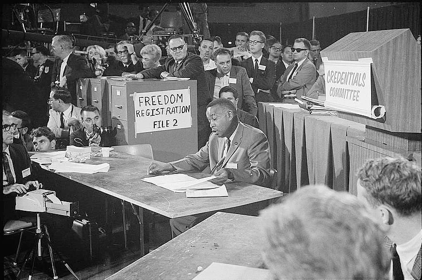 Aaron Henry, chair of the MFDP speaks before the Credentials Committee at the Democratic National Convention. 