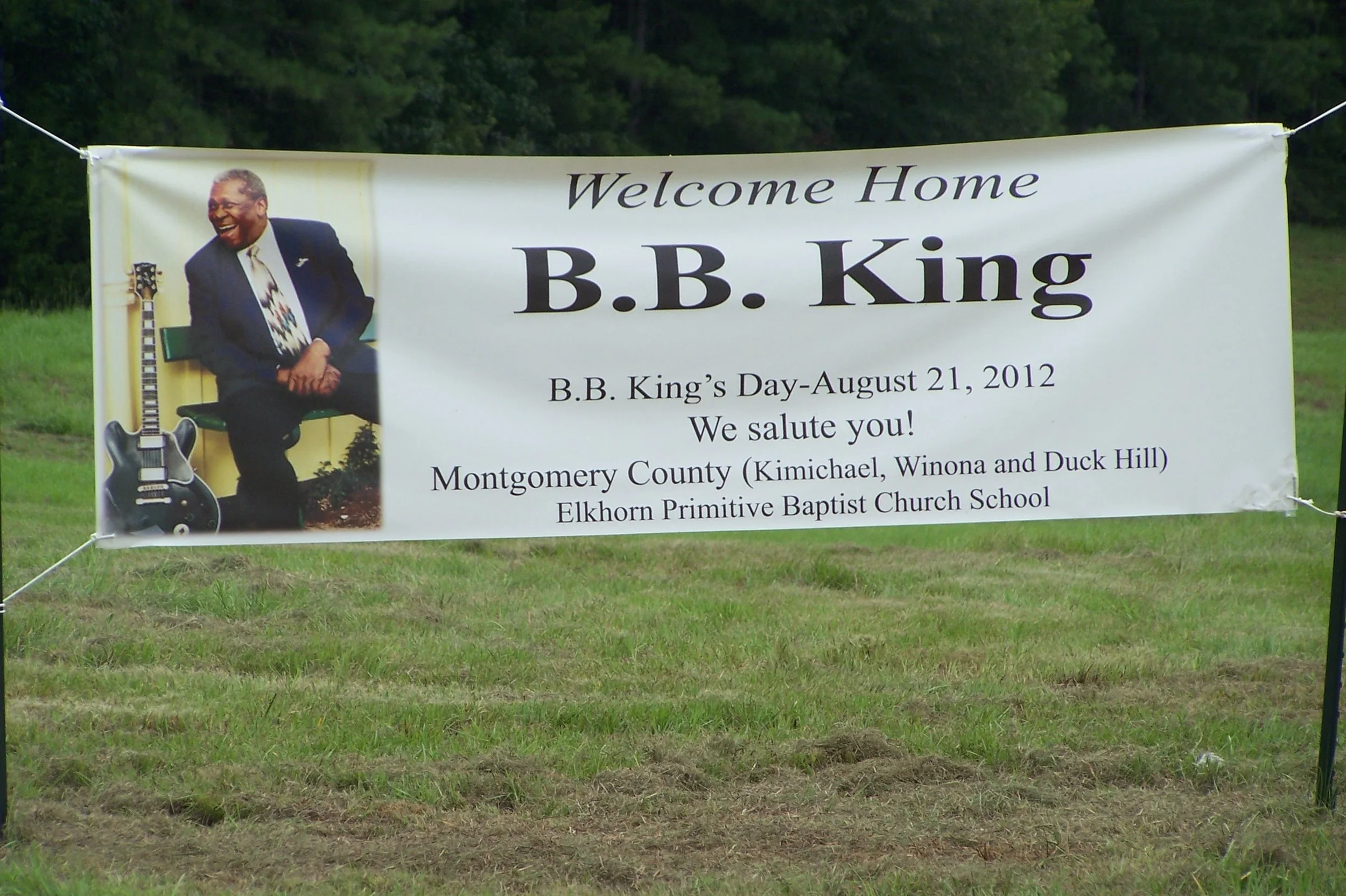 A banner from the unveiling of the B.B. King marker in Kilmilchael