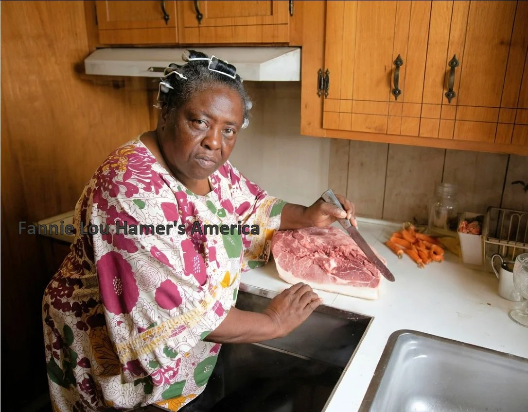 Fannie Lou Hamer in her kitchen cutting ham from her Pig Bank program. 