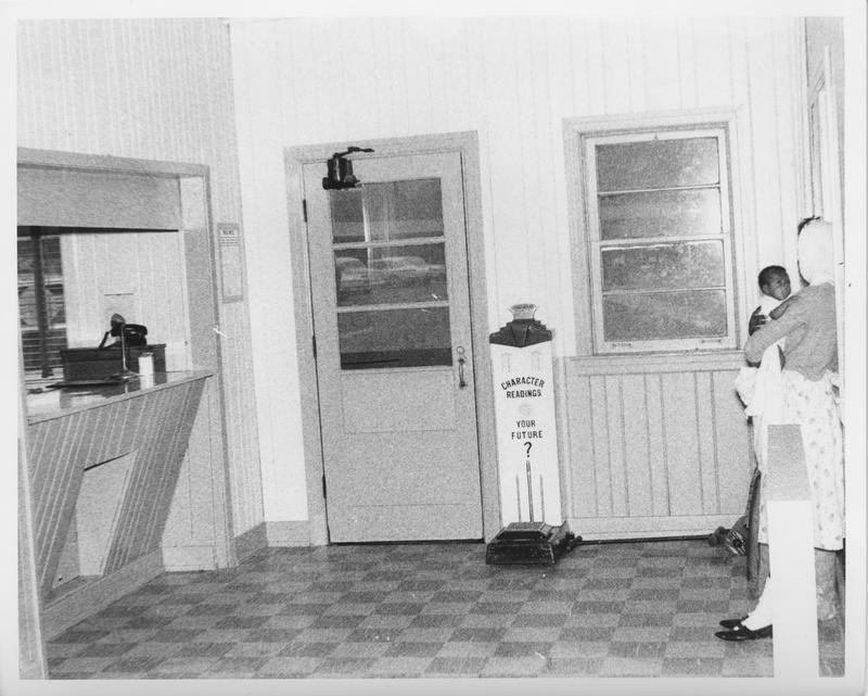 The interior of the Contiental Trailways Bus Depot next to Staley's Cafe in Winona, MS in June 1963.