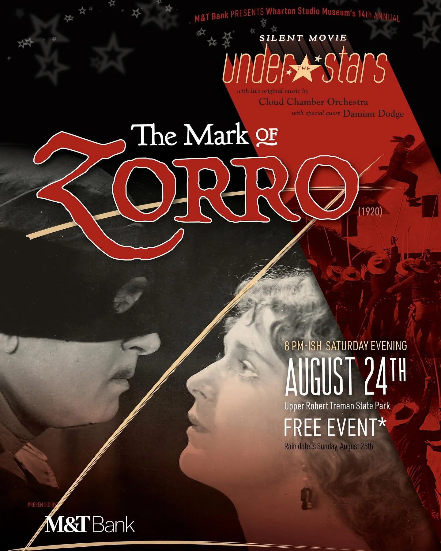 THIS SATURDAY 8/24 Wharton Studio Museum invites you to their 14th annual Silent Movie Under the Stars event at Upper Robert Treman State Park. They’re screening “The Mark of Zorro” (1920) with live musical accompaniment by Cloud Ch