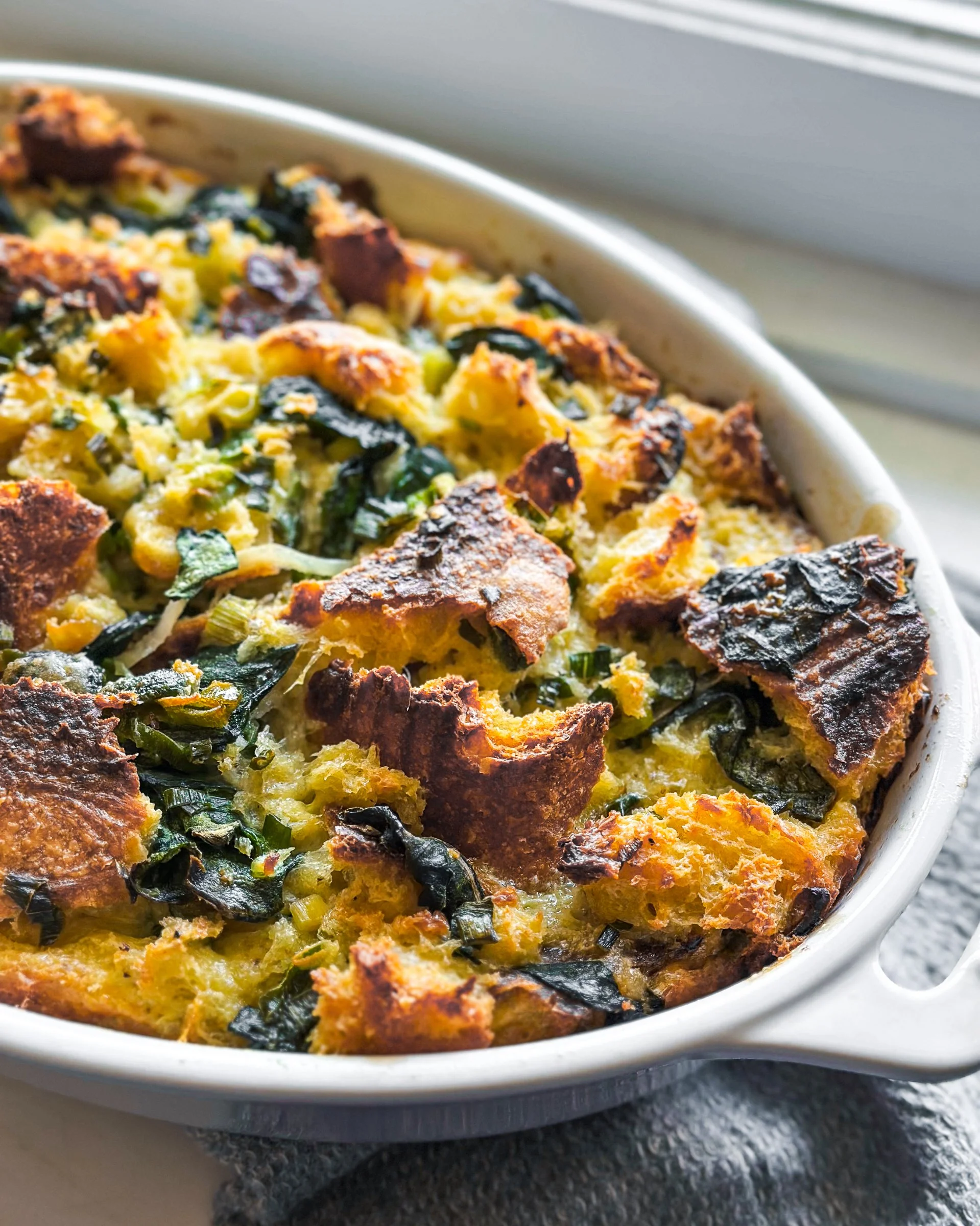 Green Garlic and Spring Onion Bread Pudding
