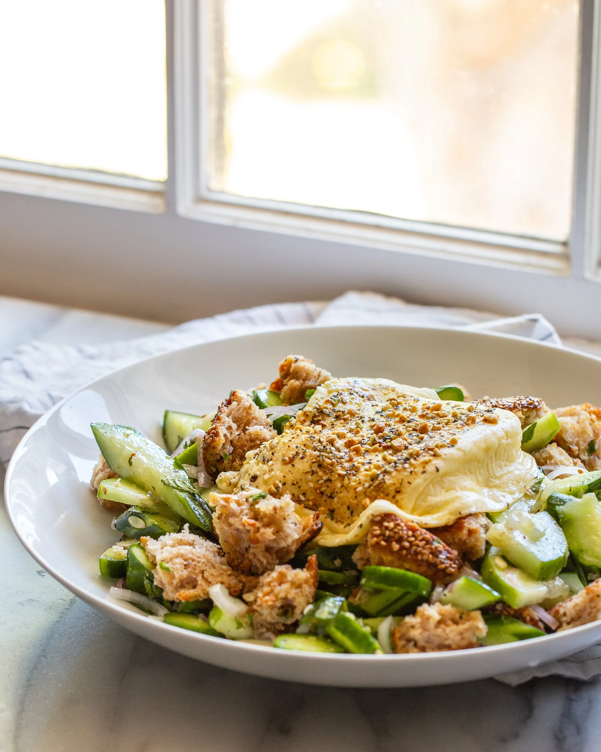Dukkah Baked Feta and Cucumber Bread Salad