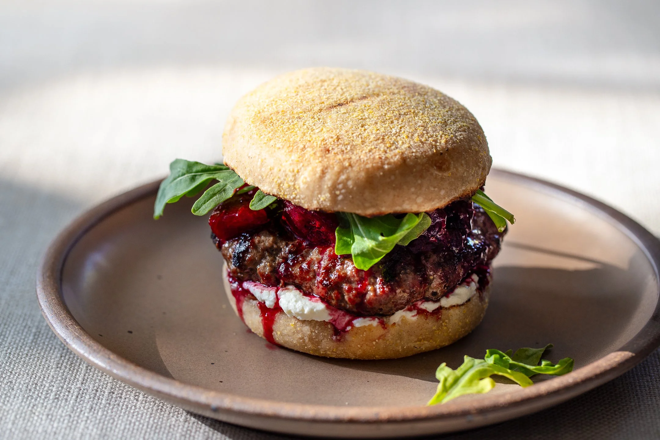 Burgers with Labneh and Grilled Plum Compote