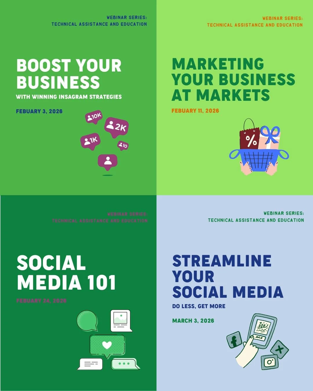 Kicking off our 2026 Food and Farm Business Resource webinar series with marketing and social media! Join us to learn and grow to meet any new business goals you might have for the year. Swipe for more info, plus bonus details on our upcoming in-pers