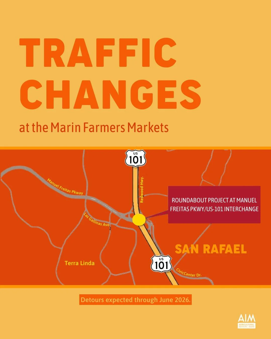 Please plan a little extra time for your upcoming Marin market trips--Caltrans has fully close Civic Center Drive/Redwood Highway as part of the Manuel T. Freitas Parkway Roundabout Project. 

This 24/7 closure will affect traffic coming to and leavi