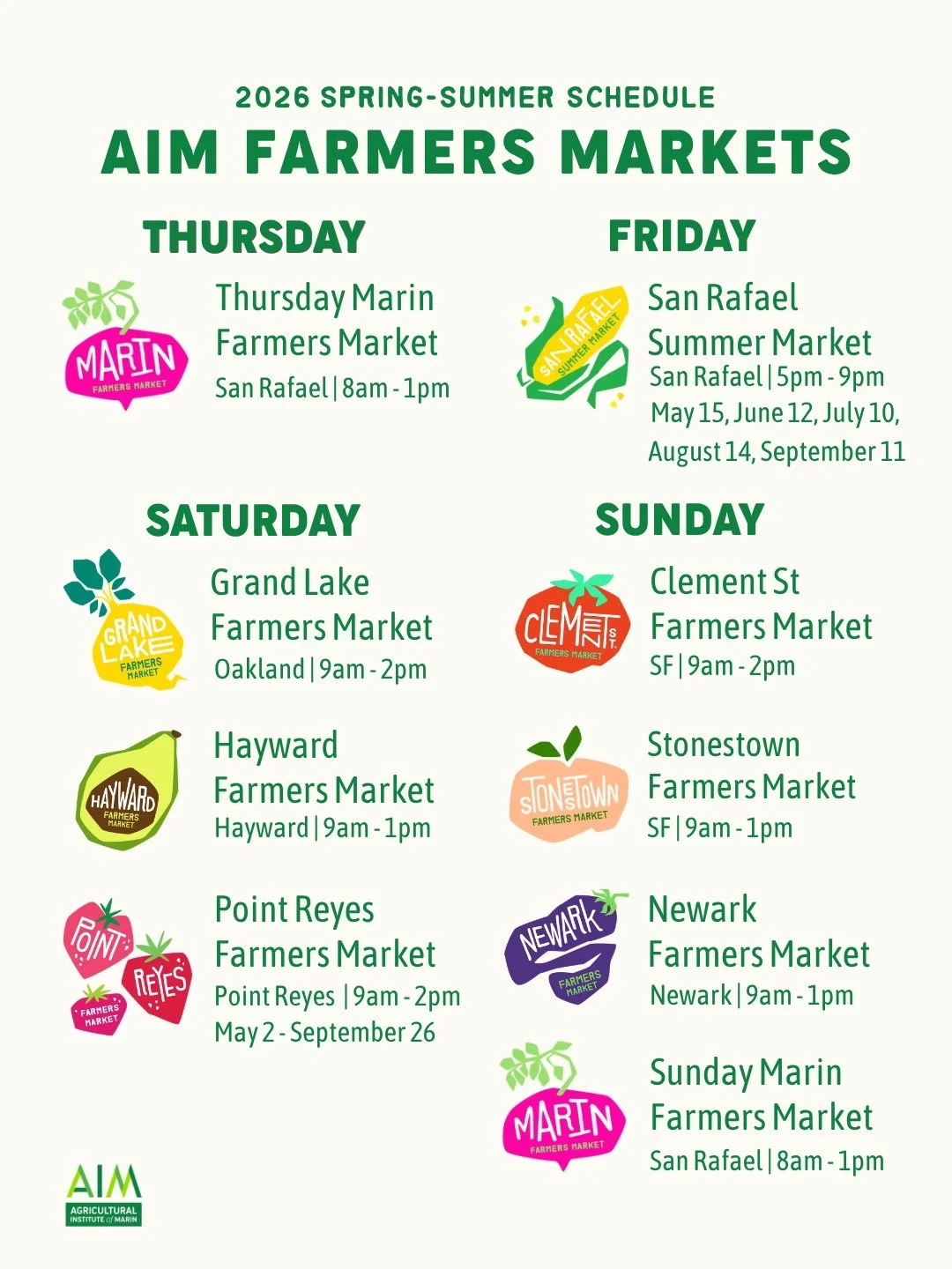 ↗️↗️↗️Tap the &ldquo;save&rdquo; bookmark for easy access to our seasonal schedule. Summer markets kick off today! Point Reyes Farmers Market opens this morning, May 2, and the monthly San Rafael Summer Market kicks off Friday evening, May 15.

As al